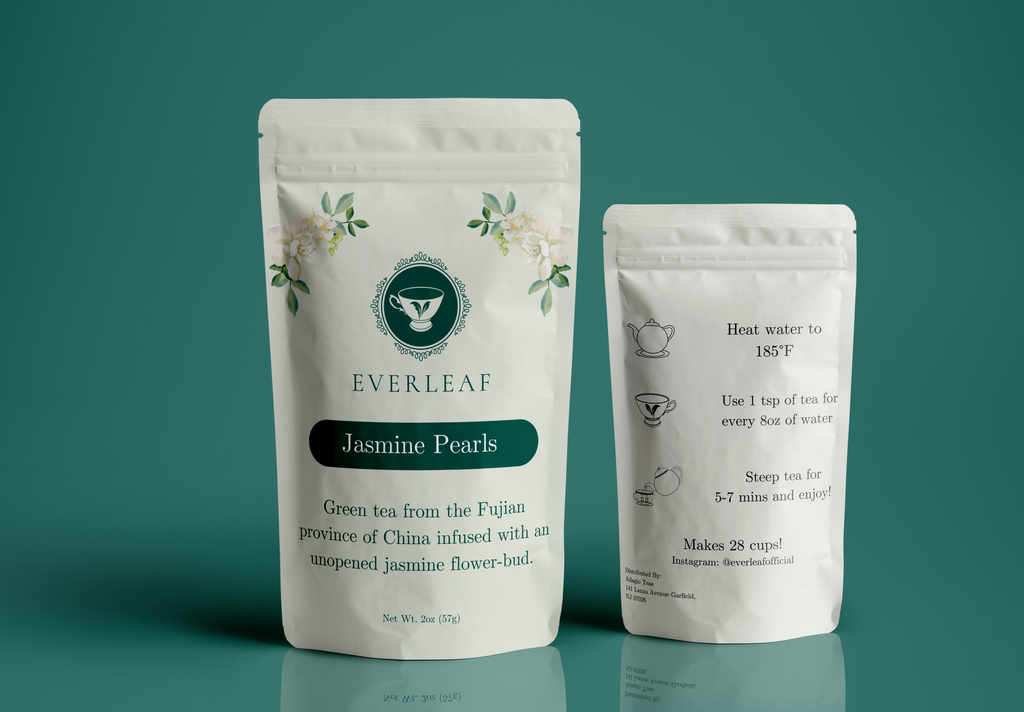 2 oz pouch of Jasmine Pearls loose leaf jasmine green tea, front and back