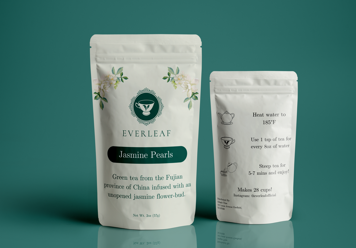 2 oz pouch of Jasmine Pearls loose leaf jasmine green tea, front and back