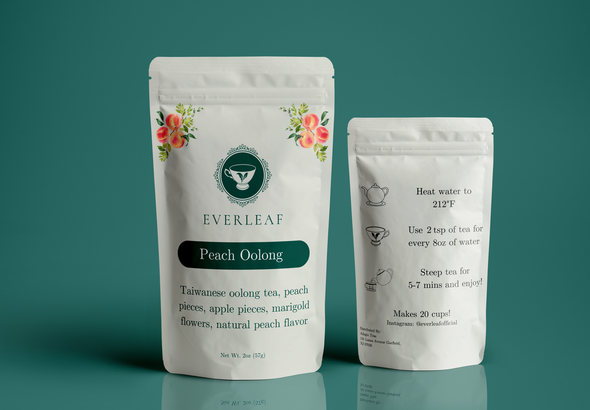 2 oz pouch of Peach Oolong loose leaf tea, front and back