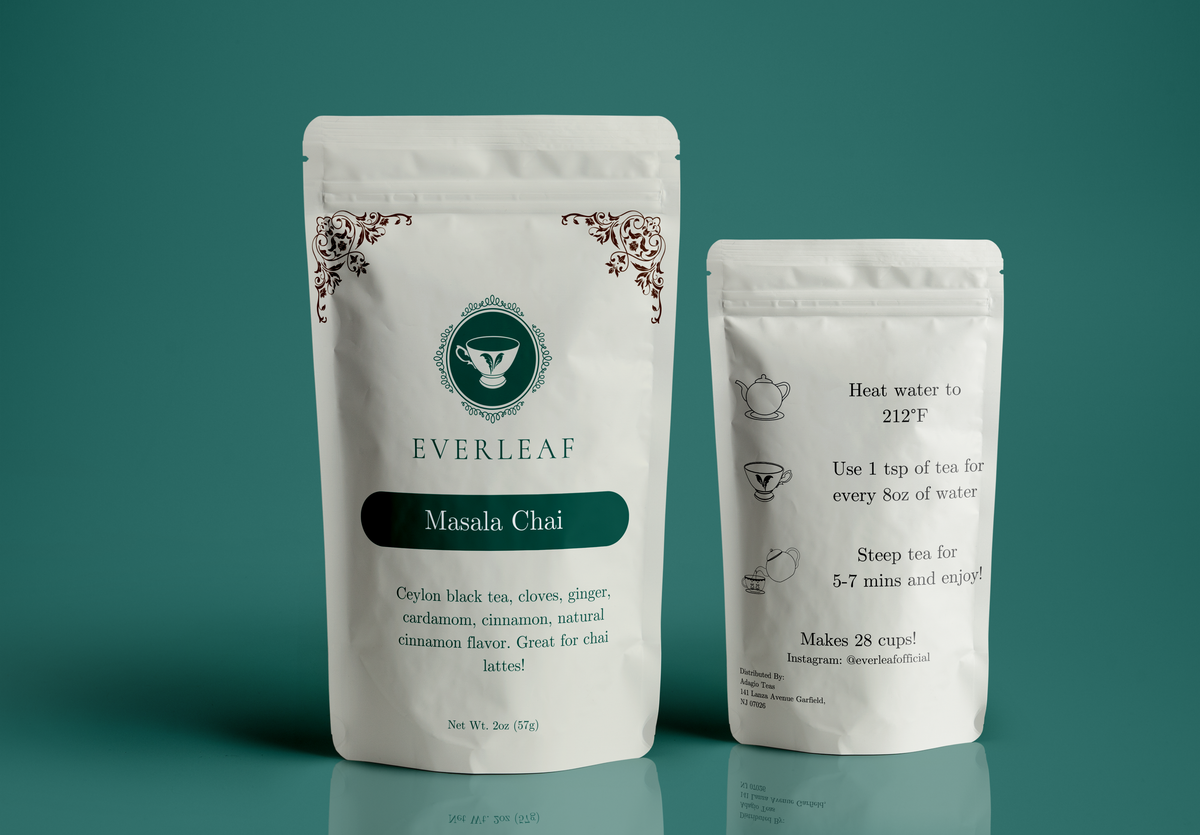 2 oz pouch of Masala Chai loose leaf tea, front and back