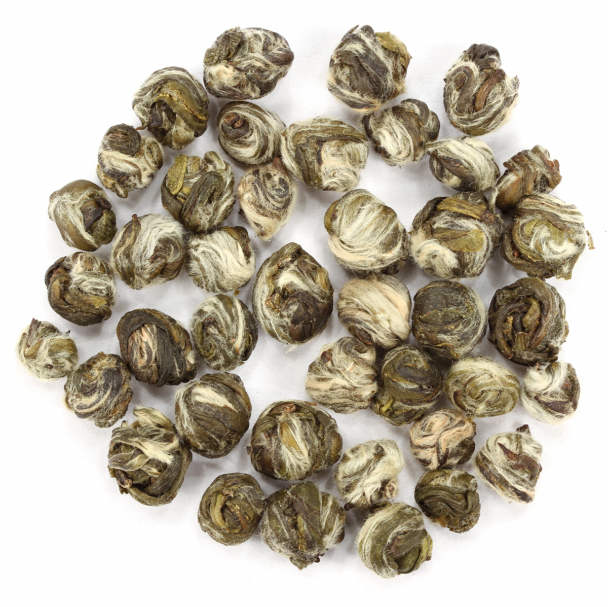 Close-up of hand-rolled jasmine green tea pearls