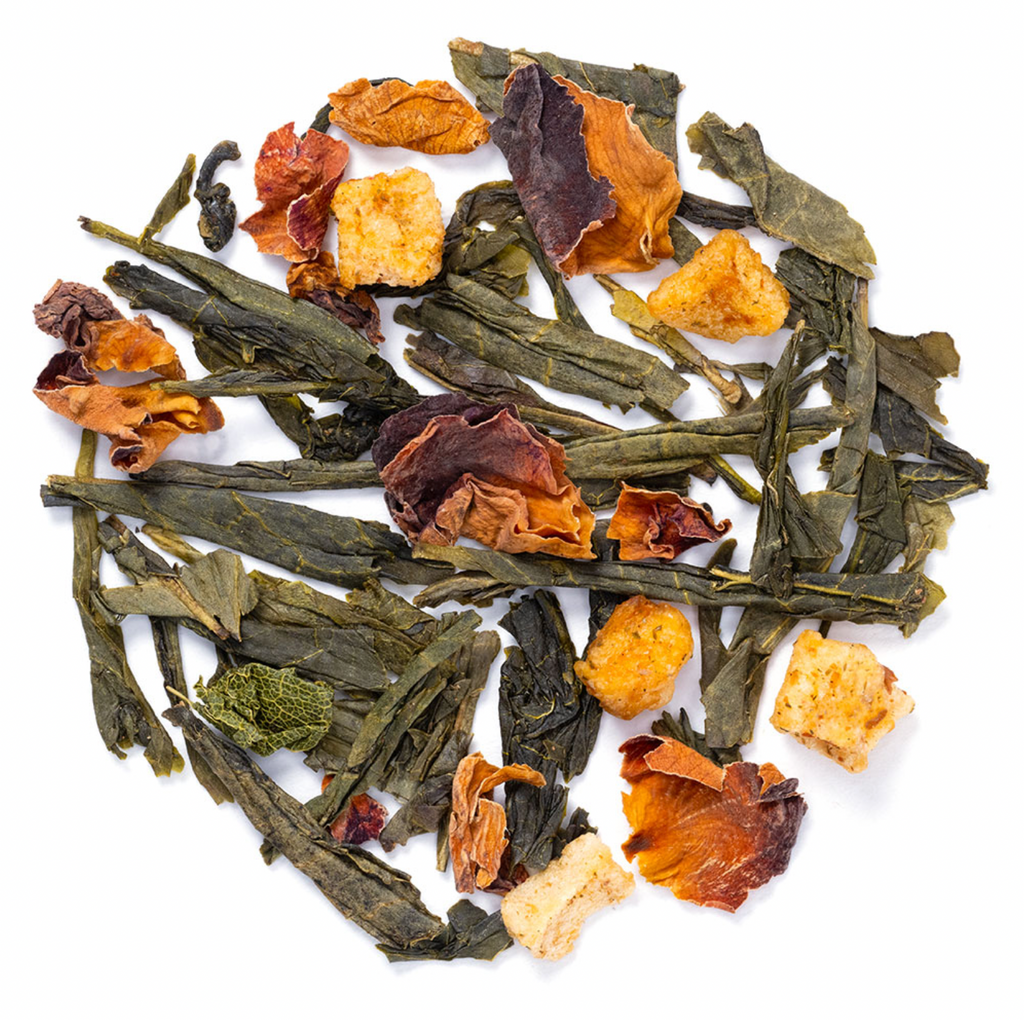 Close-up of lychee rose green tea leaves with rose petals and apple pieces