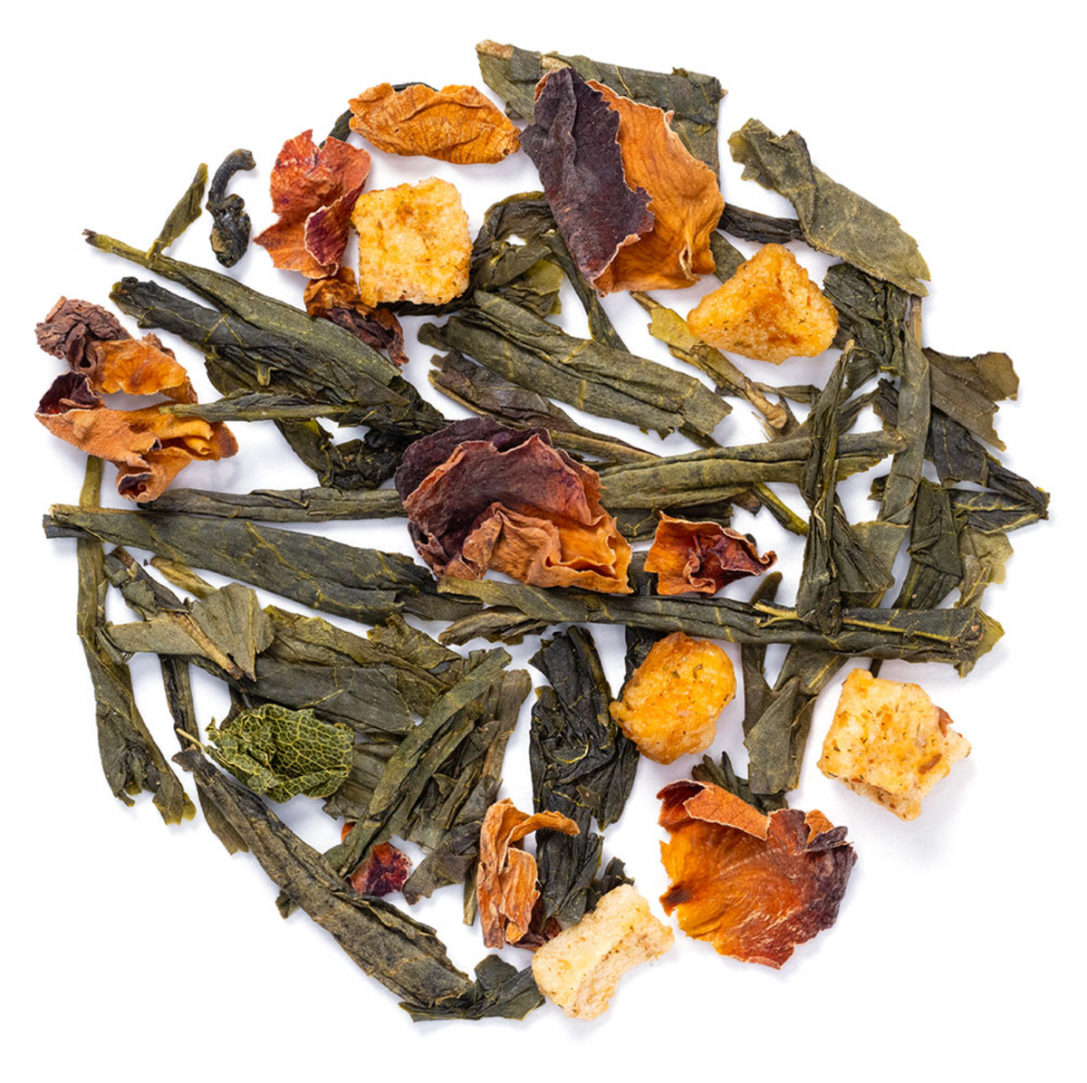 Close-up of lychee rose green tea leaves with rose petals and apple pieces
