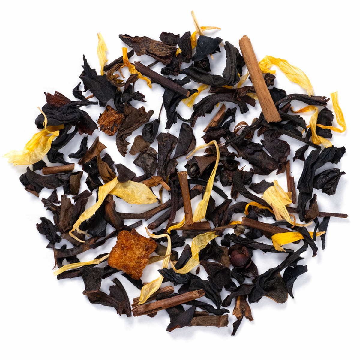 Close-up of peach oolong loose leaf tea with apple pieces, peach pieces and marigold petals