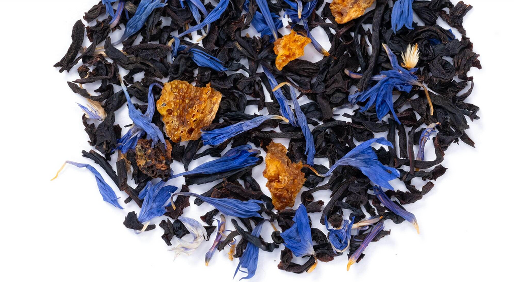 Close-up of vanilla Earl Grey loose leaf tea: black tea with orange and blue cornflowers