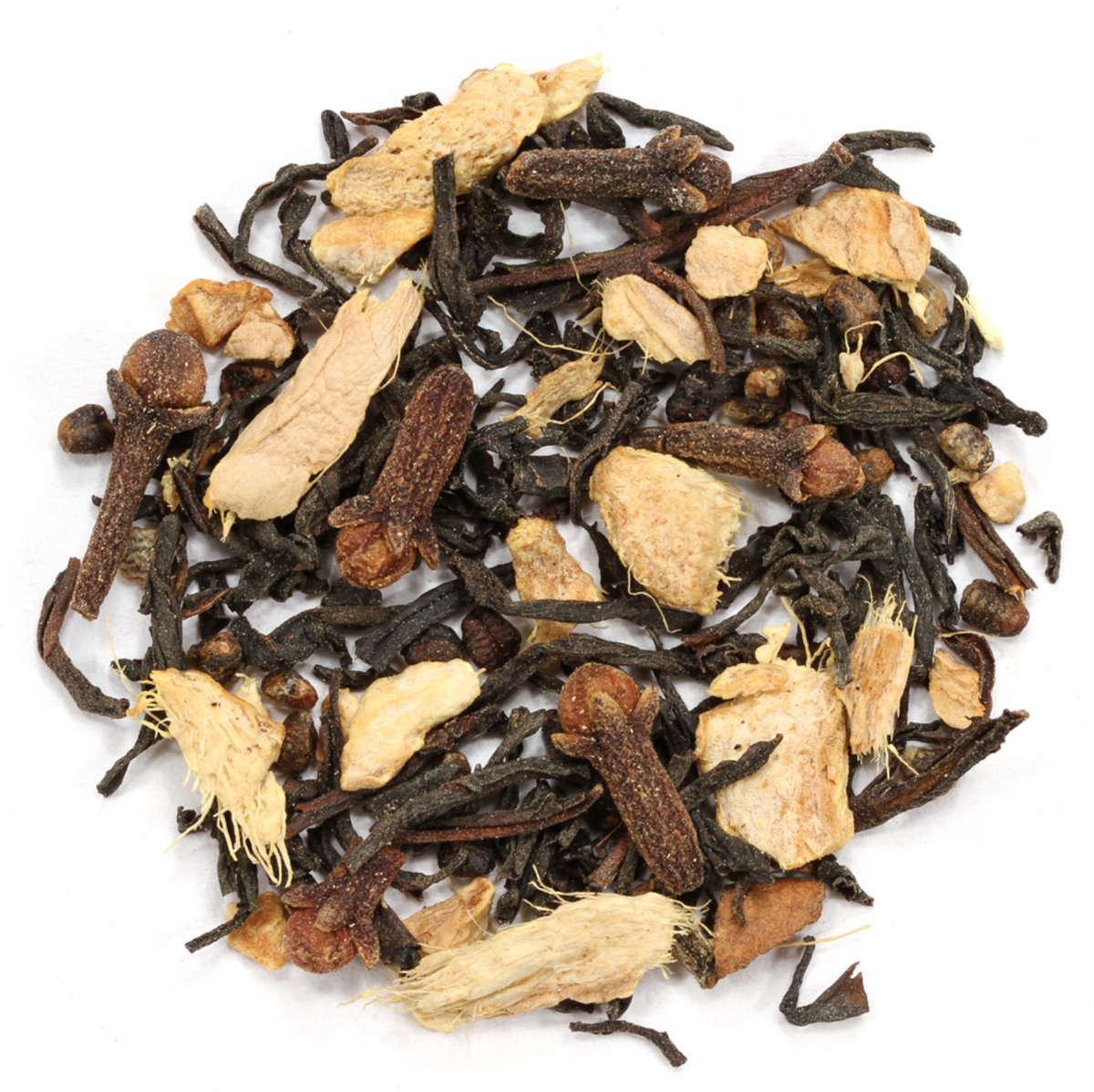 Close-up of masala chai loose leaf tea: Ceylon black tea with cardamom, cinnamon, ginger and clove